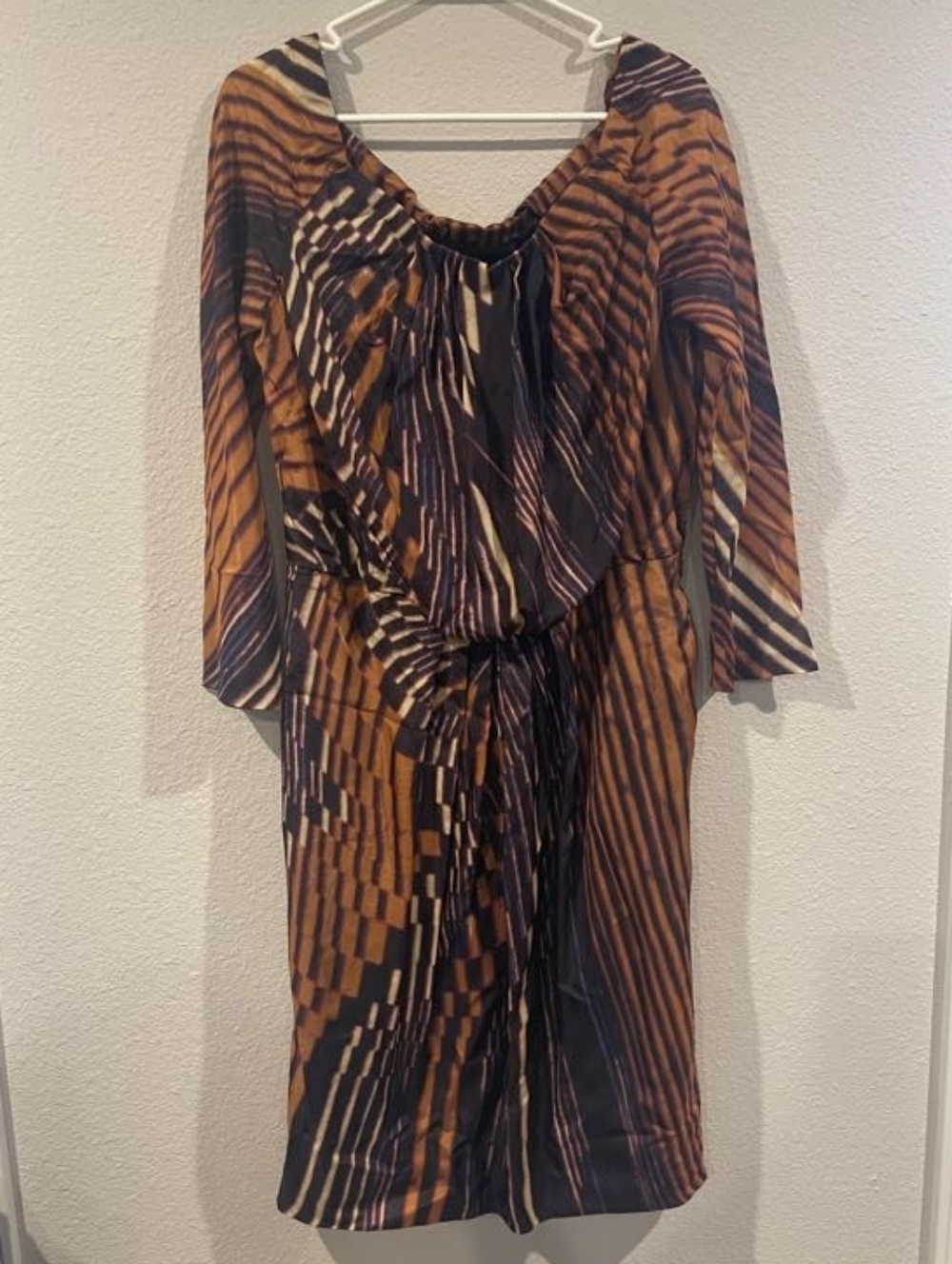 Alberta Ferretti Womens 100% Silk All Over Print Neutrals 3/4 Sleeve Dress SZ 12